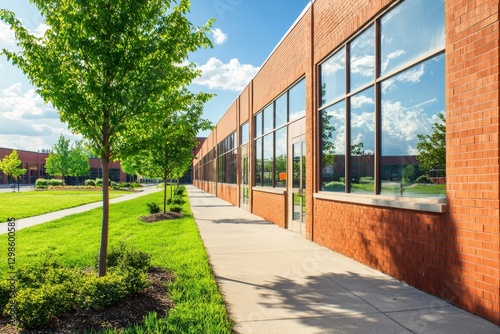 A yellow school building of modern design is surrounded by a lush lawn of green grass and nestled under a bright blue sky