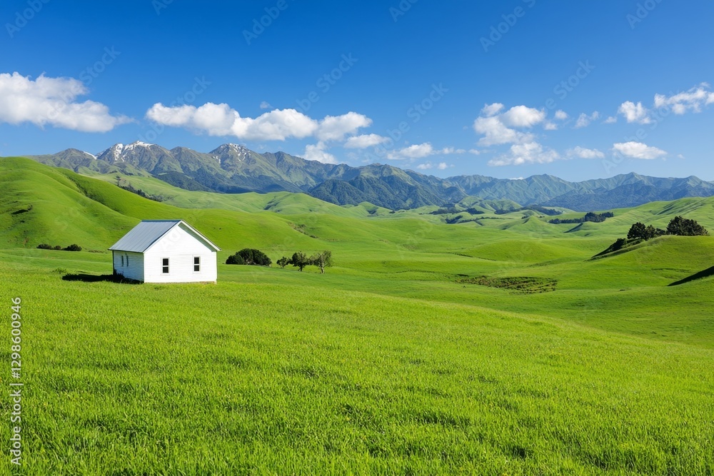 A peaceful sheep farm in a green valley with rolling hills and a small white cottage A peaceful sheep farm in a green valley with rolling hills and a small white cottage