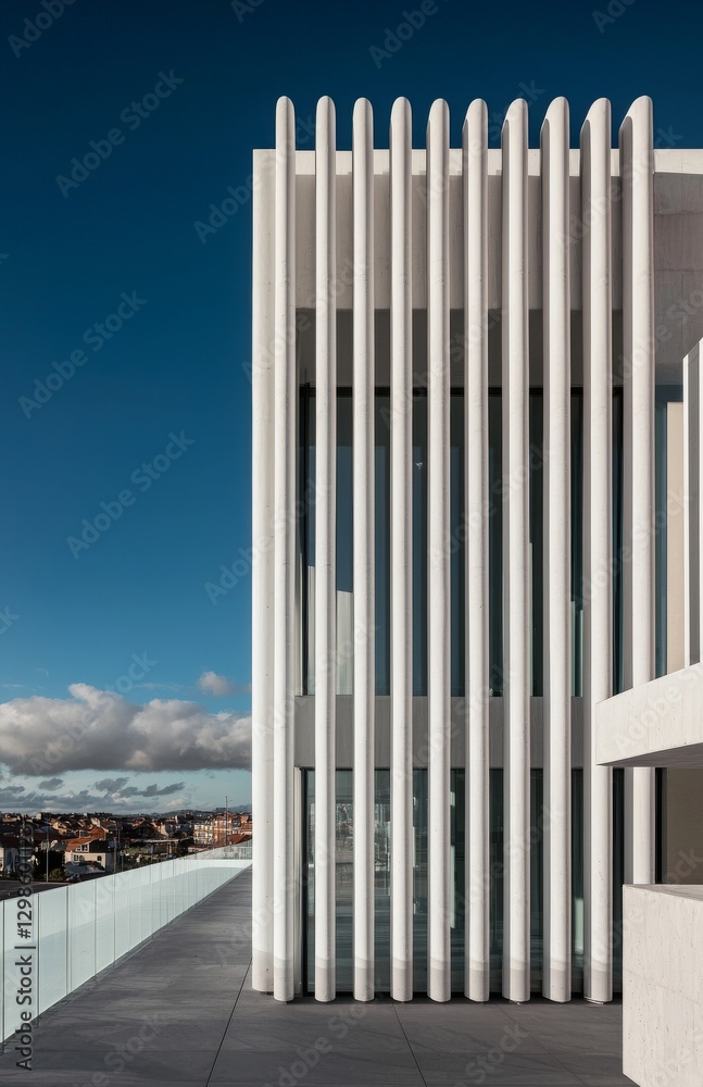 Fototapeta premium The image depicts a data center building featuring a security camera set against a clear blue sky on a sunny day
