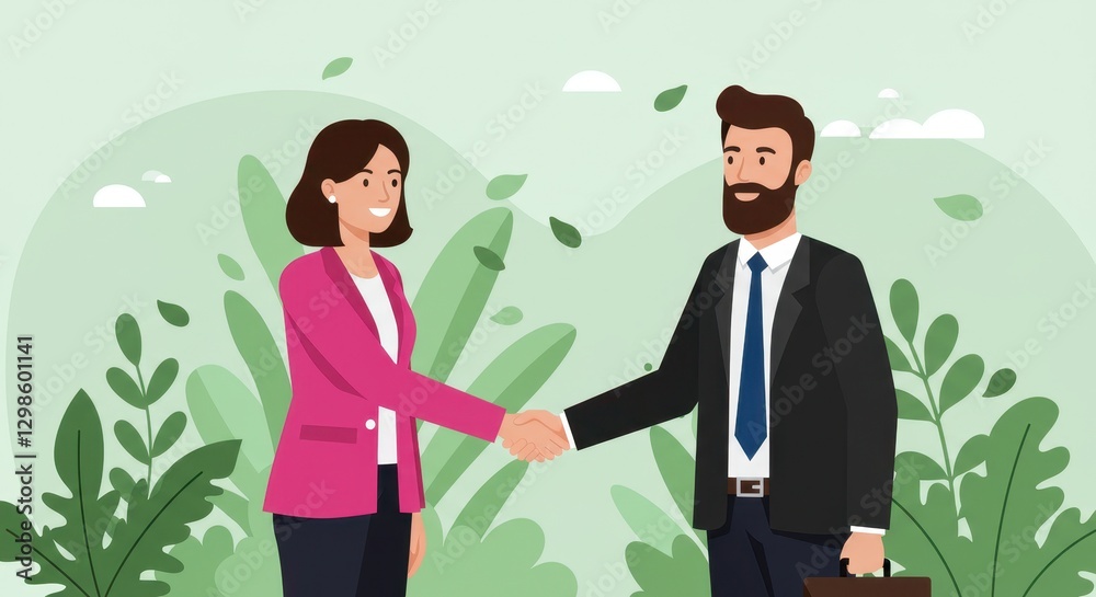 Flat illustration of a businesswoman in a pink blazer and a businessman shaking hands outdoors, symbolizing networking and collaboration Flat illustration of a businesswoman in a pink blazer and a businessman shaking hands outdoors, symbolizing networking and collaboration
