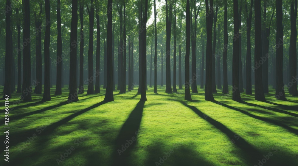 Obraz premium Sunlit forest with tall trees casting long shadows on a moss-covered ground,