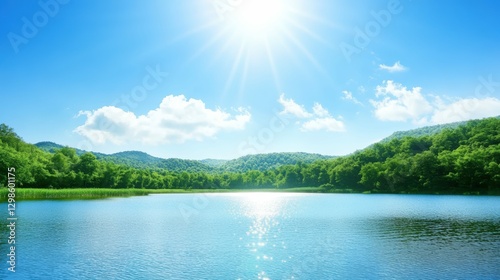 Fototapeta Naklejka Na Ścianę i Meble -  Crystal-clear lake with bright blue sky, lush green forest, and soft sunlight, serene and peaceful setting
