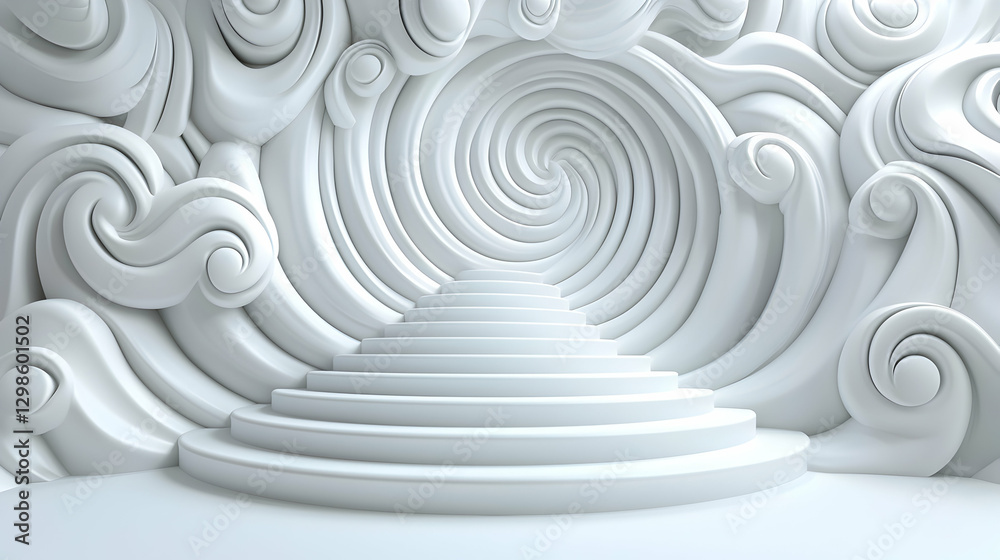 Fototapeta premium White spiral staircase leads to light, abstract cloud backdrop, design concept