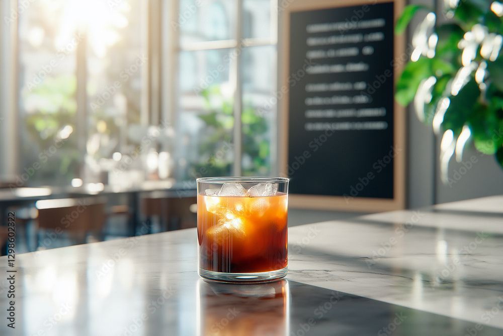 Cold brew coffee with ice cubes in elegant glass. Aesthetic café scene with natural light enhances the rich aroma and fresh taste of a handcrafted beverage. Cold brew coffee with ice cubes in elegant glass. Aesthetic café scene with natural light enhances the rich aroma and fresh taste of a handcrafted beverage.