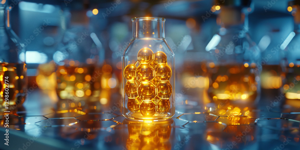 an ethanol molecule model inside a glass vial on a lab shelf. an ethanol molecule model inside a glass vial on a lab shelf.