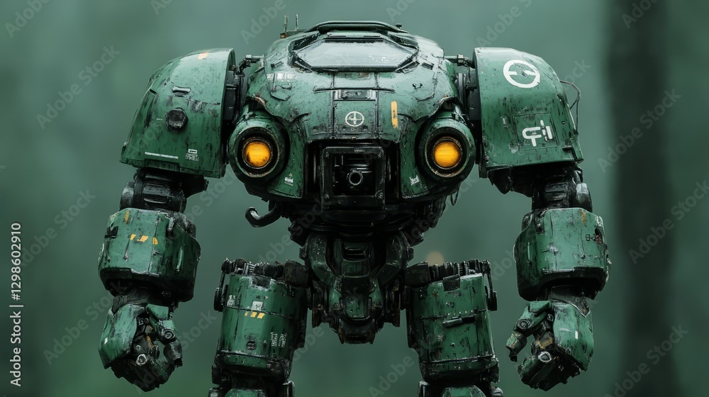 A bulky military robot with heavy armor and weaponry, standing on a plain dark green background A bulky military robot with heavy armor and weaponry, standing on a plain dark green background