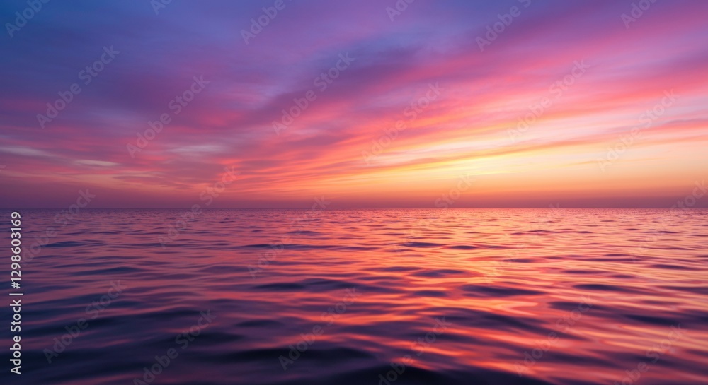 Fototapeta premium Twilight Sea: Witness a breathtaking ocean panorama where the sky is ablaze with hues of pink, purple, and orange during the golden hour.