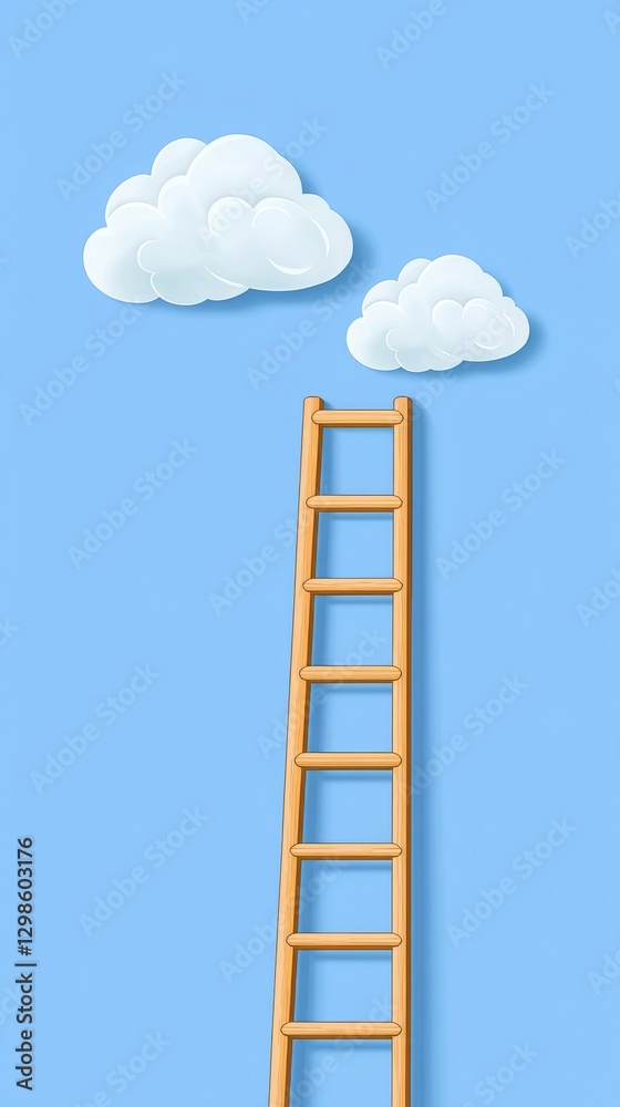 Develop self resources strategy. A wooden ladder reaches towards fluffy clouds against a bright blue sky, symbolizing aspiration and the pursuit of dreams.