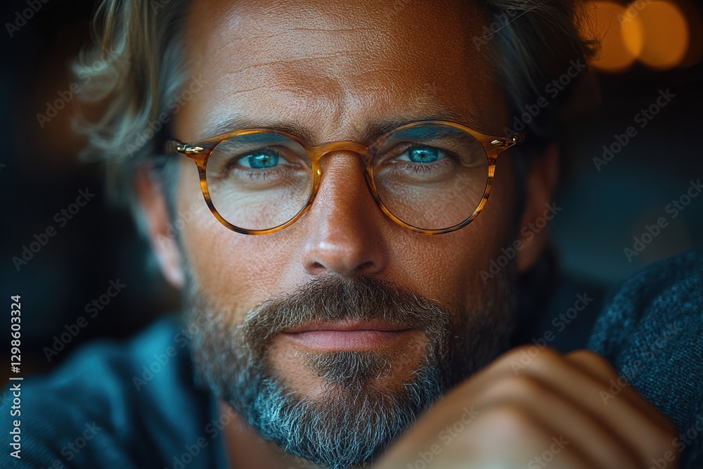 Close-up portrait of a man with glasses enjoying a cozy setting in a cafe