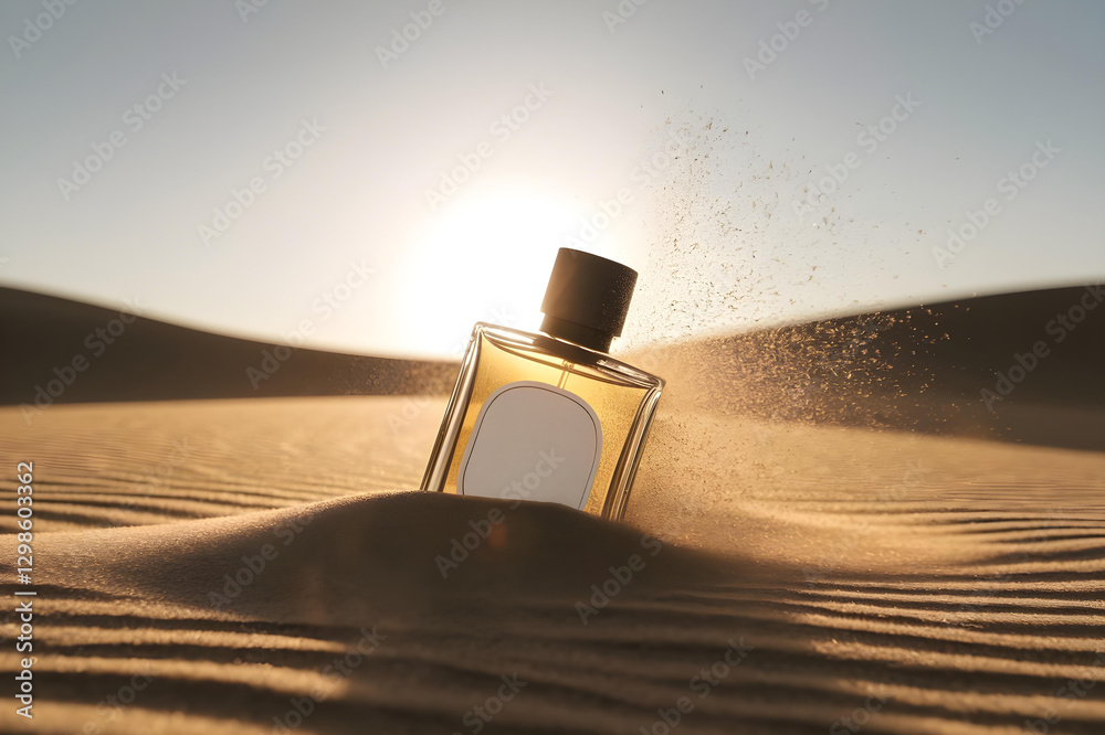 A rugged men’s cologne bottle mockup half-buried in golden desert sand with the sun setting behind it. Wind swirls sand around, highlighting the fragrance’s raw masculinity and adventure
