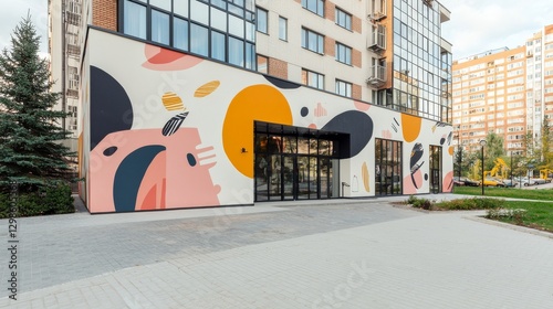 This building's exterior is defined by its abstract mural and the presence of sizable windows