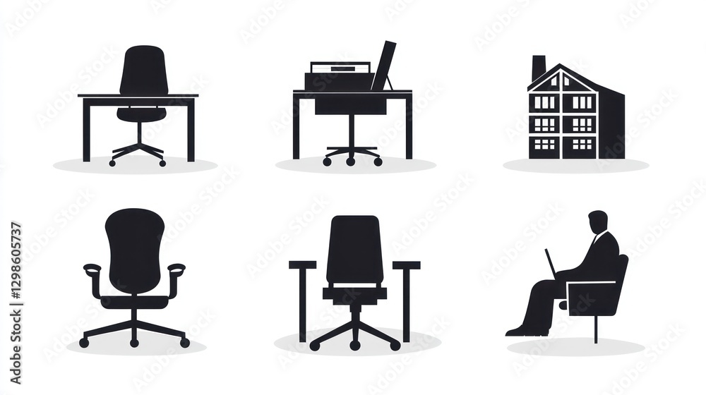 Fototapeta premium Office furniture icons, different types of desks and chairs, modern workplace elements