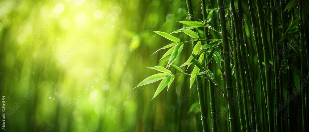 Naklejka premium Sunlight Through Lush Green Bamboo Forest