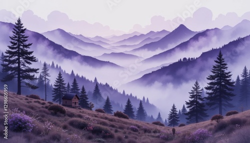 Side view calm yoga retreat in misty purple mountains