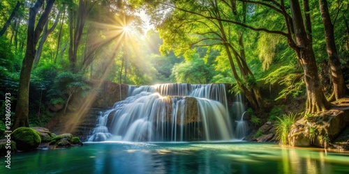 waterfall in isolated forest clearing with sunlight filtering through trees, serene atmosphere, natural beauty