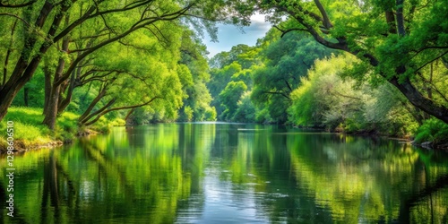 Serene river with lush greenery and towering trees along its banks, earth, serene landscape,  earth