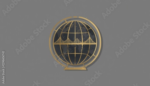 Close-up crisp globe icon with bridges in black and gold