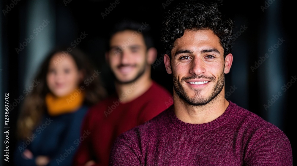 Fototapeta premium Smiling Muslim Man in Casual Outfit with Woman in Background, Modern Style