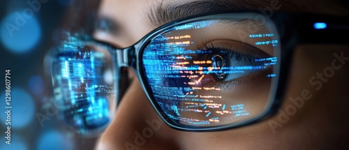 Person wearing glasses with code reflected in the lenses