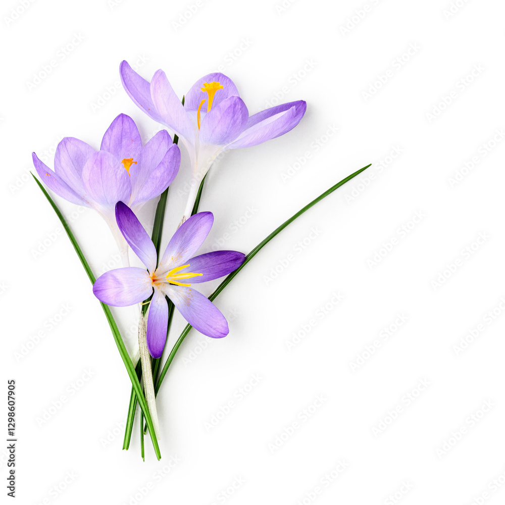 Obraz premium Purple crocus flowers bouquet photography isolated on white background. Clipping path. Original shadow.