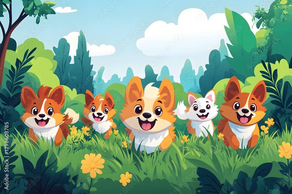 Naklejka premium A pet dog running happily on the grass