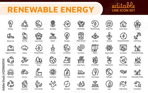 Renewable Energy Icon Set. A dynamic collection of icons showcasing sustainable energy solutions, perfect for environmental projects, educational materials, and green technology applications.
