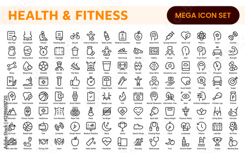 Health and Fitness Icon Set. Vector Icons for Exercise, Wellness, Nutrition, Gym, Yoga, and Healthy Lifestyle