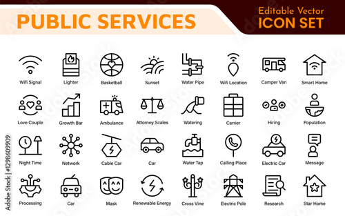 Set of outline Public Services icons. Minimalist thin linear web icon set. Line icons related to public utilities. Gas, electricity, water, heating.