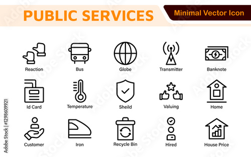 Set of outline Public Services icons. Minimalist thin linear web icon set. Line icons related to public utilities. Gas, electricity, water, heating.