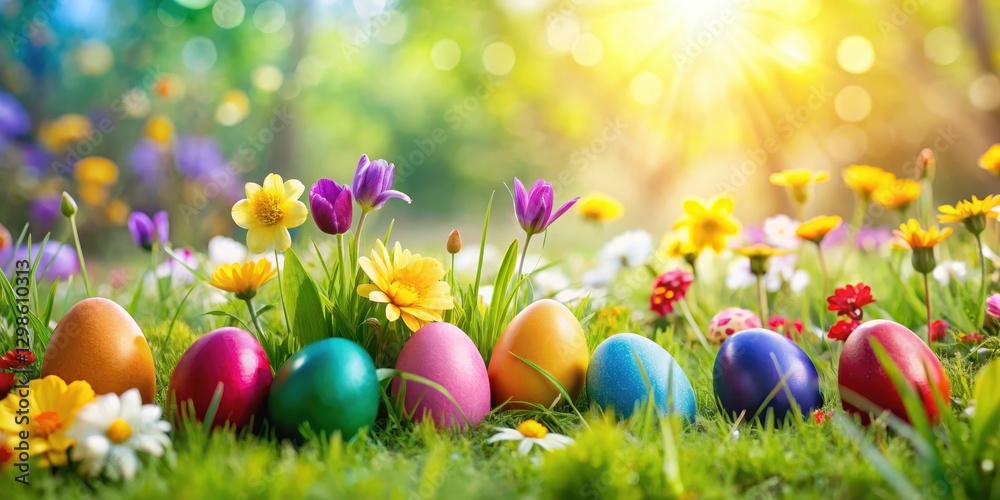 Meadow with colorful Easter eggs in spring, surrounded by vibrant flowers and greenery, decoration, hatching