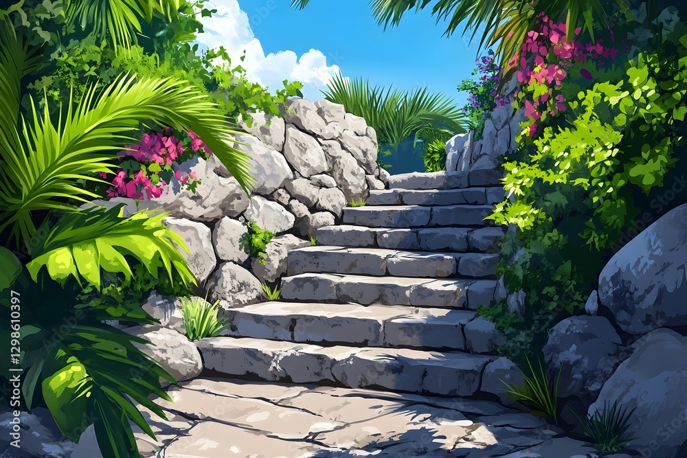 Obraz premium The greenery and light and shadow on the ancient stone steps