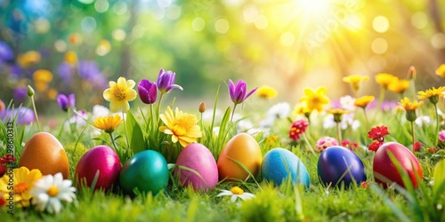 Obraz na płótnie Meadow with colorful Easter eggs in spring, surrounded by vibrant flowers and greenery, decoration, hatching w salonie