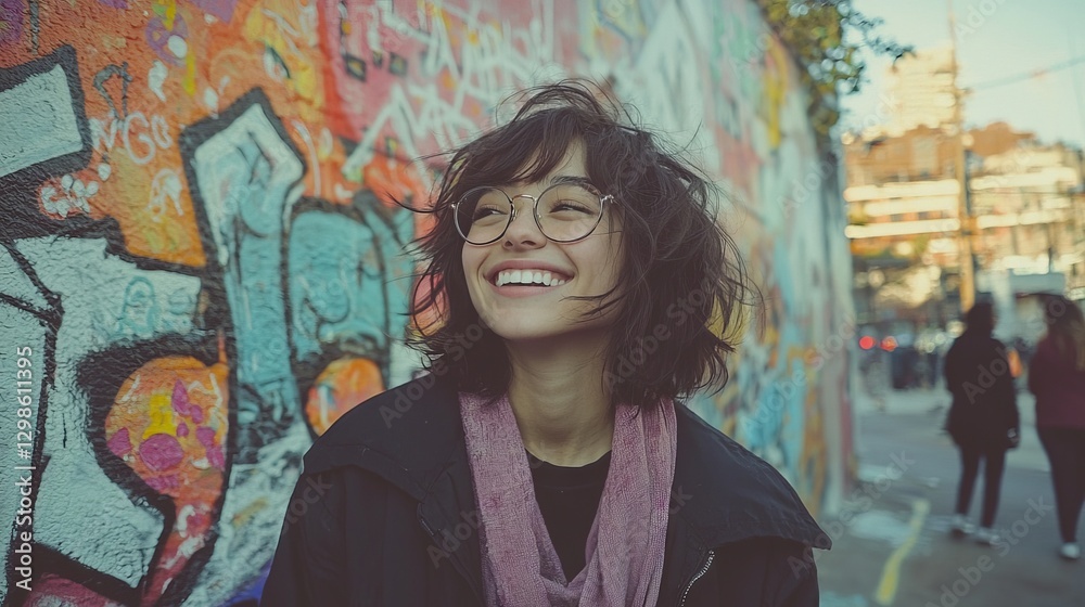 Fototapeta premium A colorful street art background serves as the setting for a candid shot of a smiling nonbinary individual