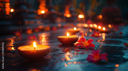 Traditional oil lamps with flower petals in a serene temple setting, perfect for cultural and spiritual photography photo