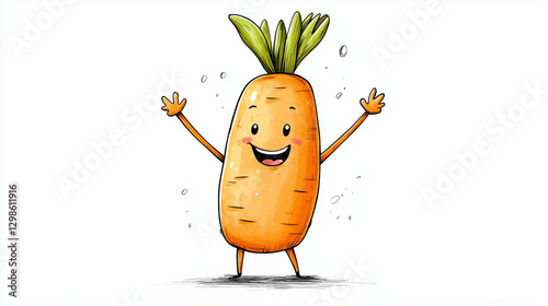 Quirky dancing carrot doodle icon in cartoon style on a white background, perfect for child-friendly illustrations