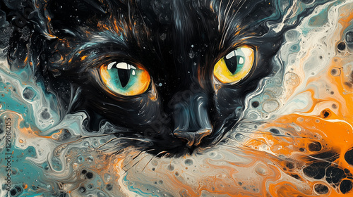 Surreal painting of a black cat with heterochromatic eyes surrounded by cosmic fire and ice, perfect for fantasy and artistic illustration photo