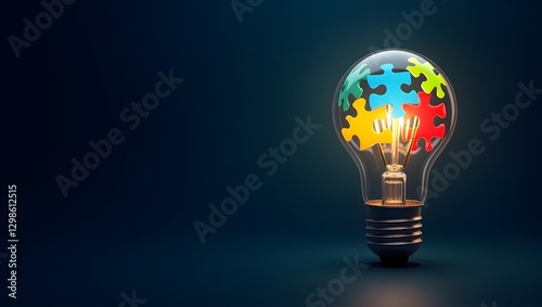 Glowing Puzzle Lightbulb on Dark Background for Autism Awareness Day