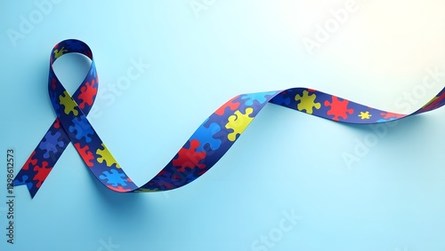 Flowing Autism Awareness Ribbon with Puzzle Pattern for Campaigns and Banners