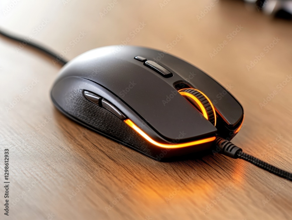 Ergonomic Gaming Mouse with RGB Lighting on a Wooden Surface Ergonomic Gaming Mouse with RGB Lighting on a Wooden Surface