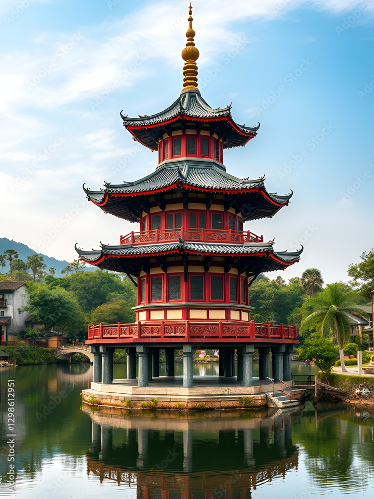 Pagoda tower with upturned eaves beside peaceful lake, photorealistic picture Pagoda tower with upturned eaves beside peaceful lake, photorealistic picture