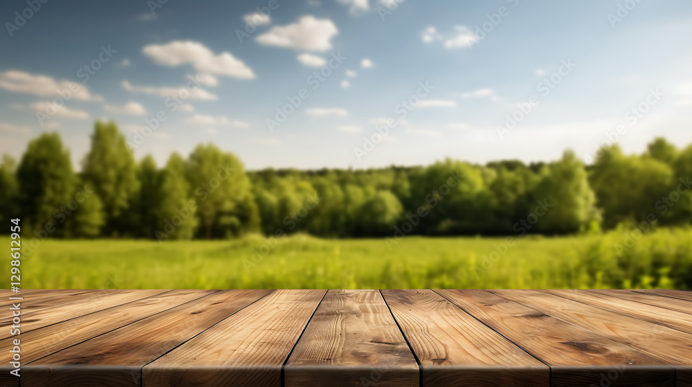 Fototapeta premium an empty wooden oak table and behind it a landscape. AI generate image