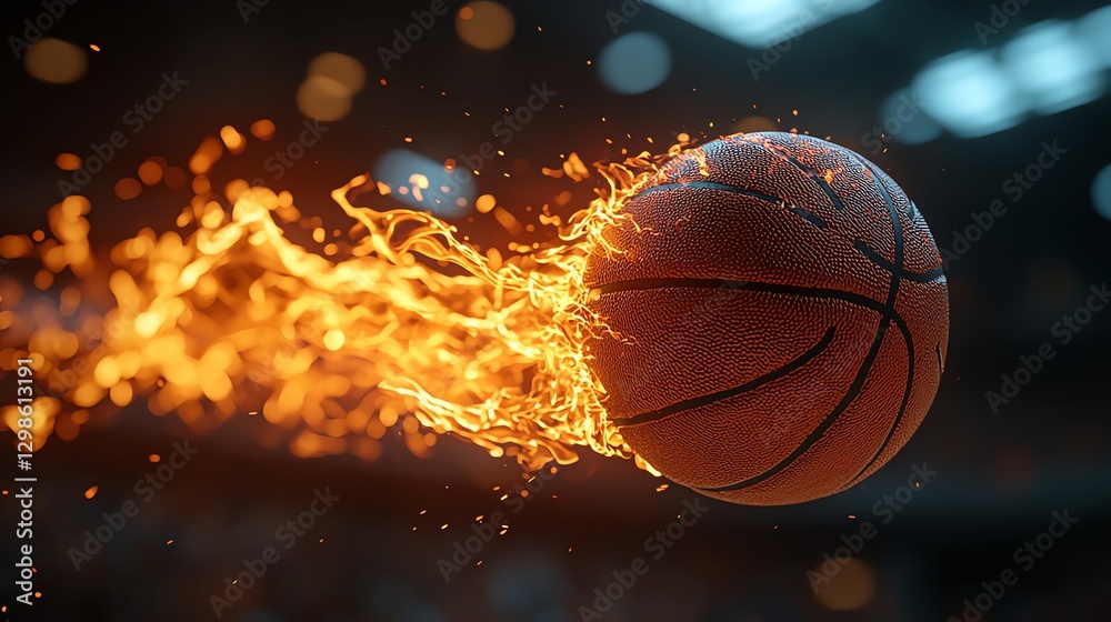 Dynamic basketball in motion with fiery trails, capturing the excitement of sport. Dynamic basketball in motion with fiery trails, capturing the excitement of sport.