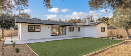 Modern White House with Black Roof and Green Lawn