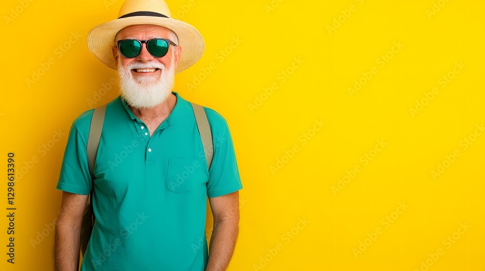 An older gentleman with a straw hat and sunglasses smiles happily An older gentleman with a straw hat and sunglasses smiles happily