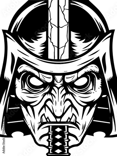 Dark fantasy SVG vector features Dark Knights and Cursed Warriors. Fierce Warrior Mask with Sword in Black and White Vector Art