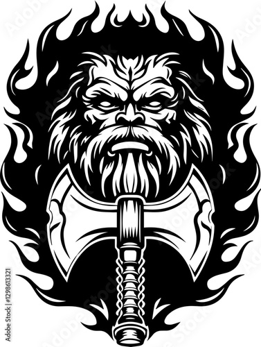 Dark fantasy SVG vector features Dark Knights and Cursed Warriors. Fierce Warrior with Axe and Fiery Flames in Black and White Design