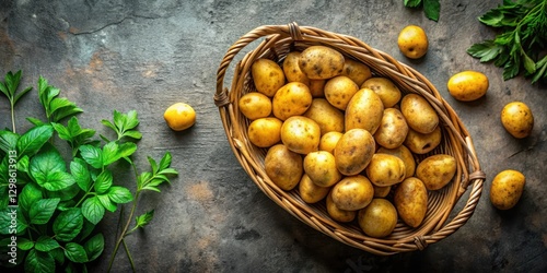 Raw yellow potatoes in a rustic wooden basket on a natural stone floor with some greenery and earthy texture, conveying a sense of simplicity and wholesomeness , raw yellow potatoes, natural