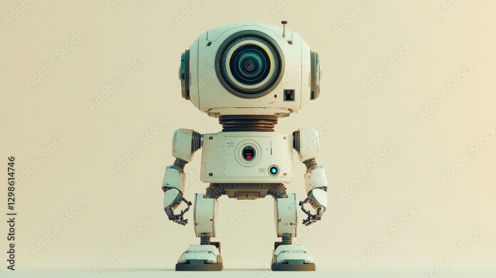 A minimalist security robot with a camera for a head, standing on a pale beige background A minimalist security robot with a camera for a head, standing on a pale beige background
