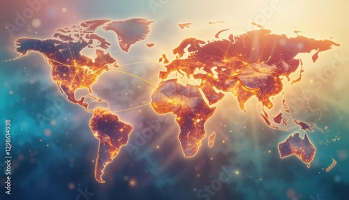 Angled view vibrant abstract world map with golden bridges