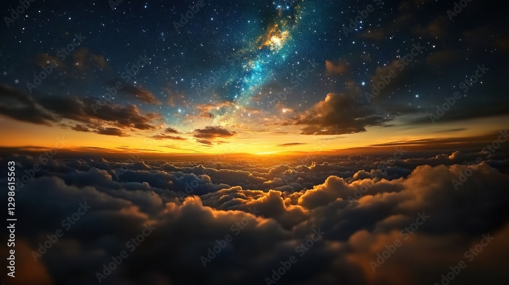 Fototapeta premium A dreamy landscape featuring clouds, sky, and a starry night